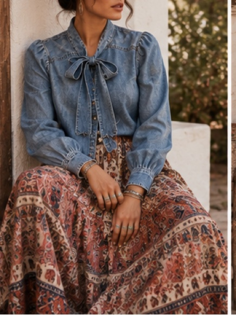 Anthropologie Pilcro Tie Neck Blouse Chambray Puff Balloon Sleeve Excellent M - Picture 2 of 11